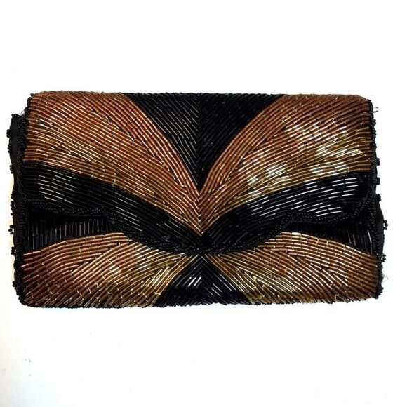 VINTAGE Clutch Art Deco Jet Hand-Beaded Copper Gold Handbag Lined 9"x5" - Picture 12 of 13